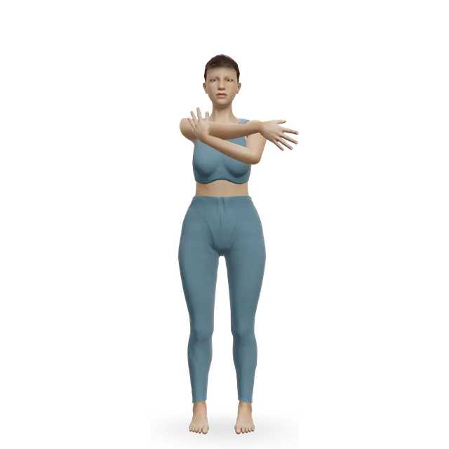 Cross-body shoulder stretch demonstrated on the 3D figure