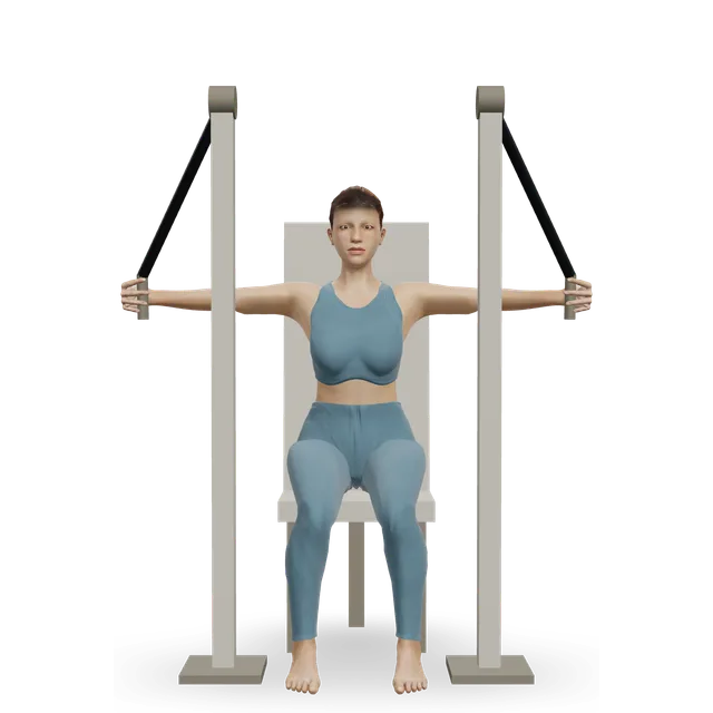 Machine chest fly (pec deck) demonstrated on the 3D figure