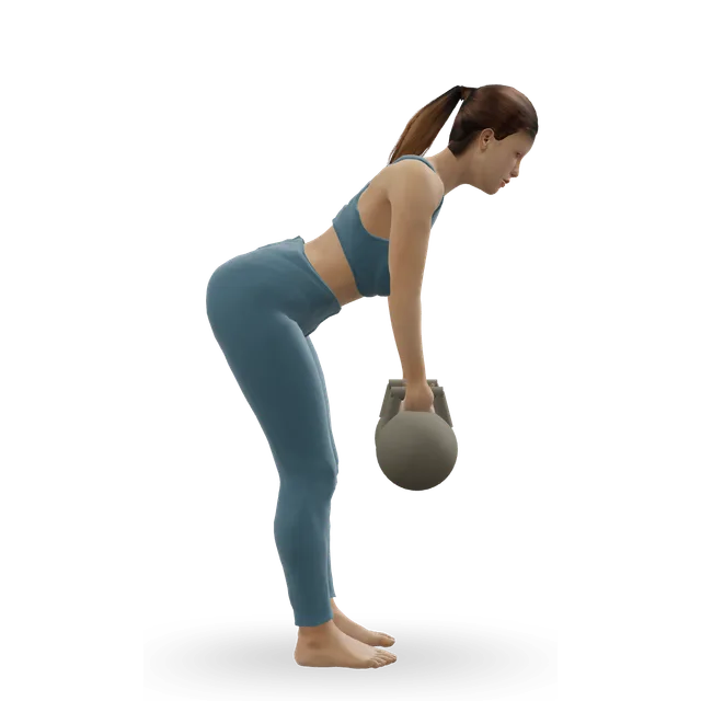 Alternating bent-over kettlebell row demonstrated on the 3D figure