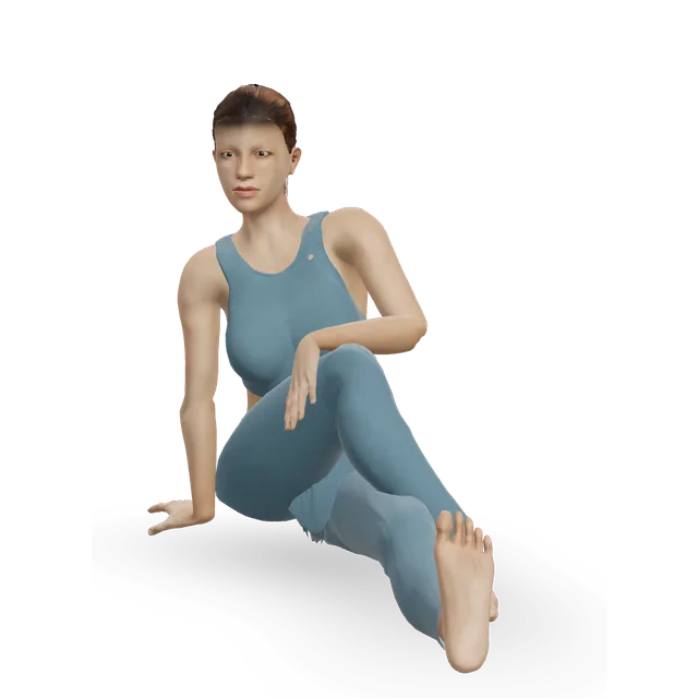 Seated twist, bottom leg straight demonstrated on the 3D figure