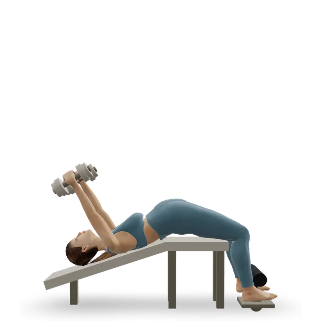 Decline dumbbell triceps extension demonstrated on the 3D figure