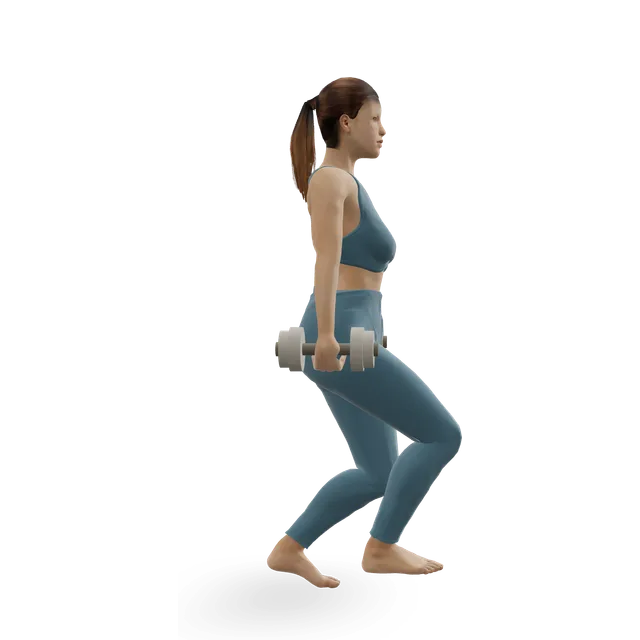 Dumbbell lunge demonstrated on the 3D figure