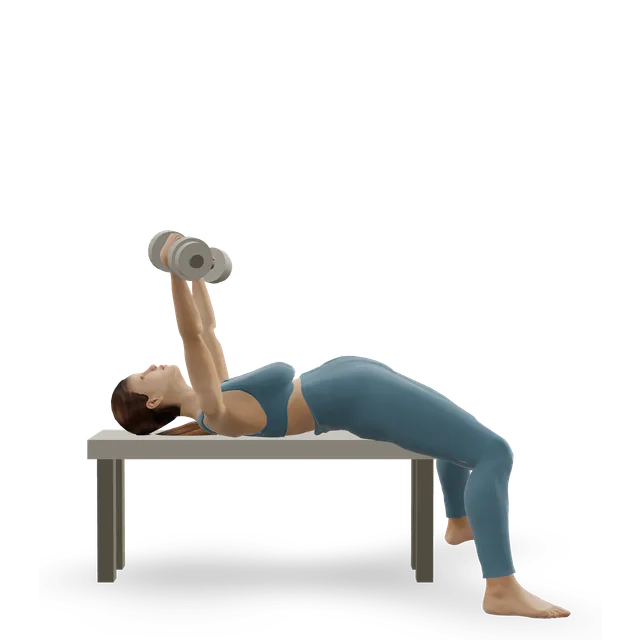 Lying dumbbell extension, palms down demonstrated on the 3D figure