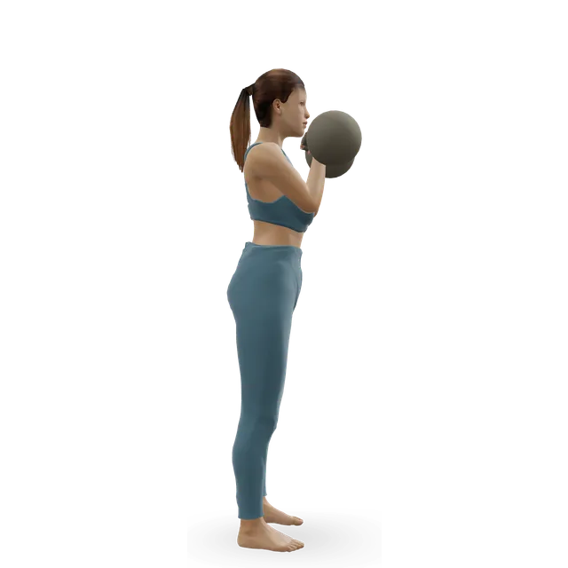 Double kettlebell front squat demonstrated on the 3D figure