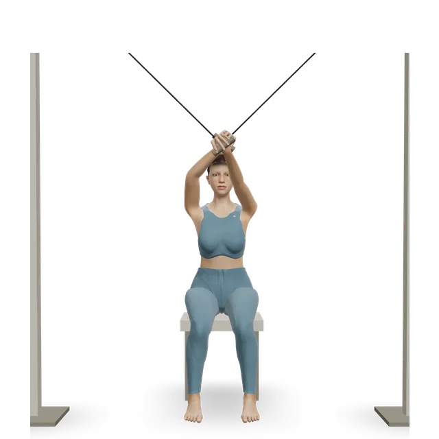 Cross-cable lat pulldown demonstrated on the 3D figure