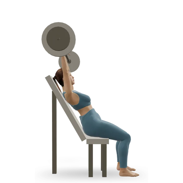 Incline barbell triceps extension demonstrated on the 3D figure