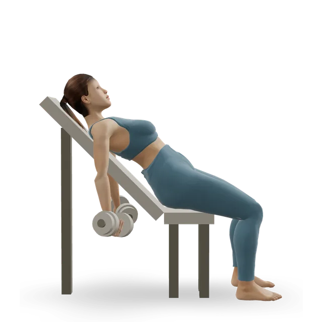 Incline dumbbell curl demonstrated on the 3D figure