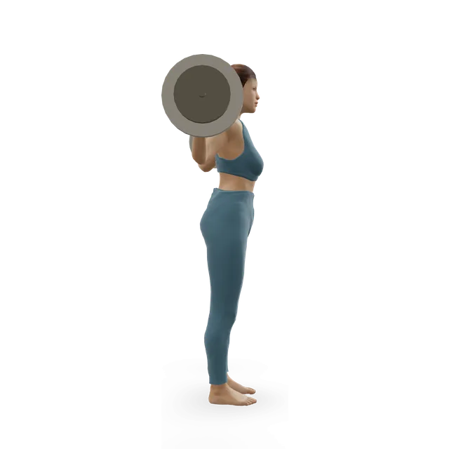 Narrow-stance barbell squat demonstrated on the 3D figure