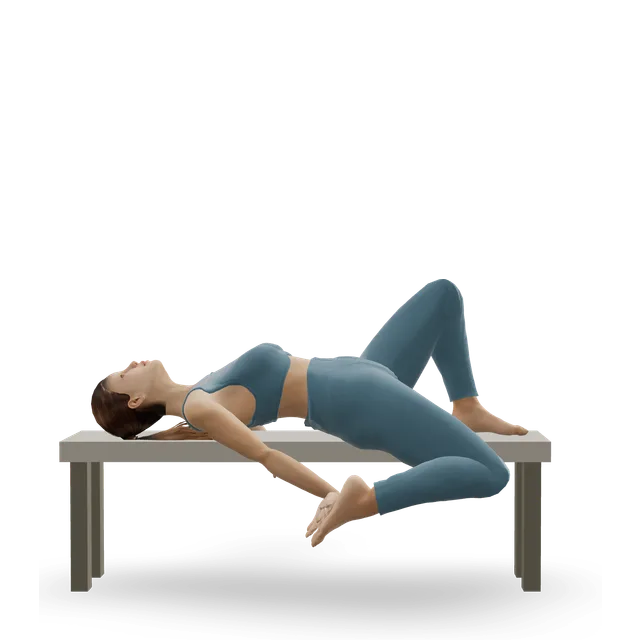 Lying quad stretch off a bench demonstrated on the 3D figure