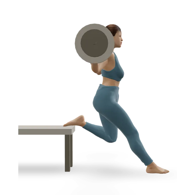 Barbell Bulgarian split squat demonstrated on the 3D figure
