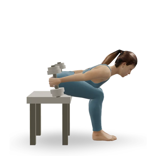 Seated two-arm triceps kickback demonstrated on the 3D figure