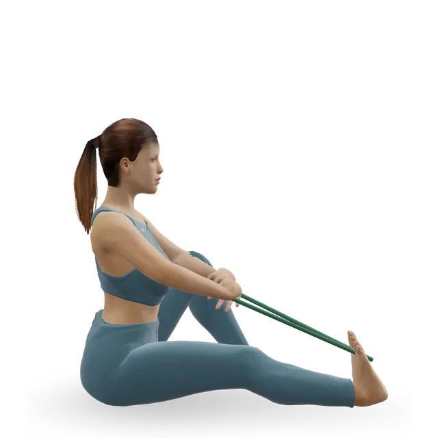 Seated calf stretch with a towel demonstrated on the 3D figure