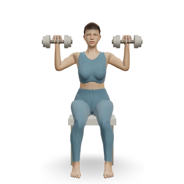 Seated dumbbell shoulder press demonstrated on the 3D figure