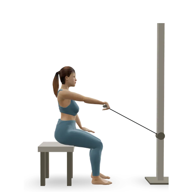 Seated one-arm cable row demonstrated on the 3D figure
