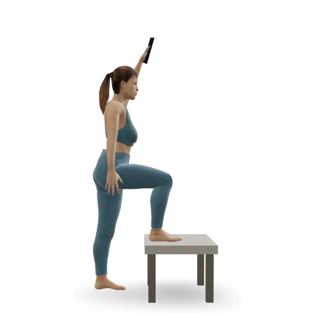 Single-leg high box squat demonstrated on the 3D figure