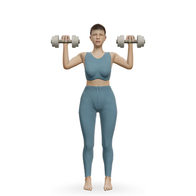 Standing alternating dumbbell press demonstrated on the 3D figure