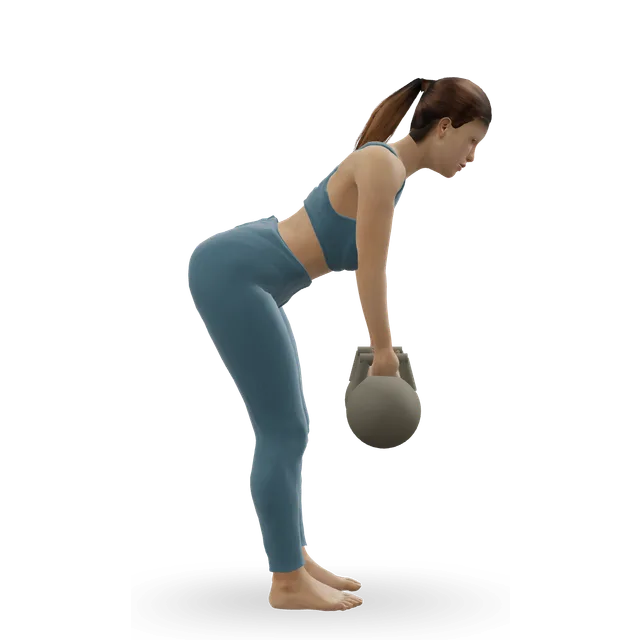 Bent-over two-kettlebell row demonstrated on the 3D figure