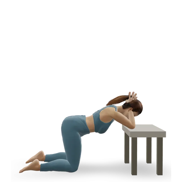 Overhead lat stretch at a bench demonstrated on the 3D figure