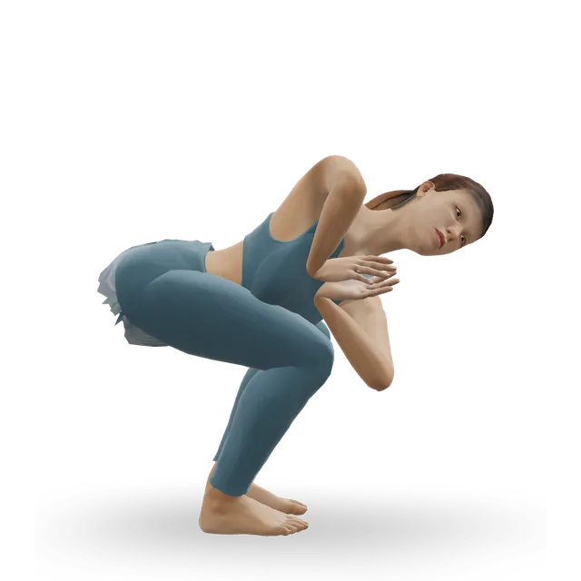 Revolved chair pose (Parivrtta Utkatasana) demonstrated on the 3D figure