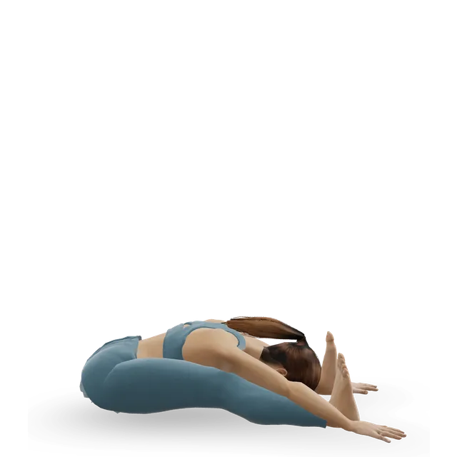 Seated forward fold (Paschimottanasana) demonstrated on the 3D figure