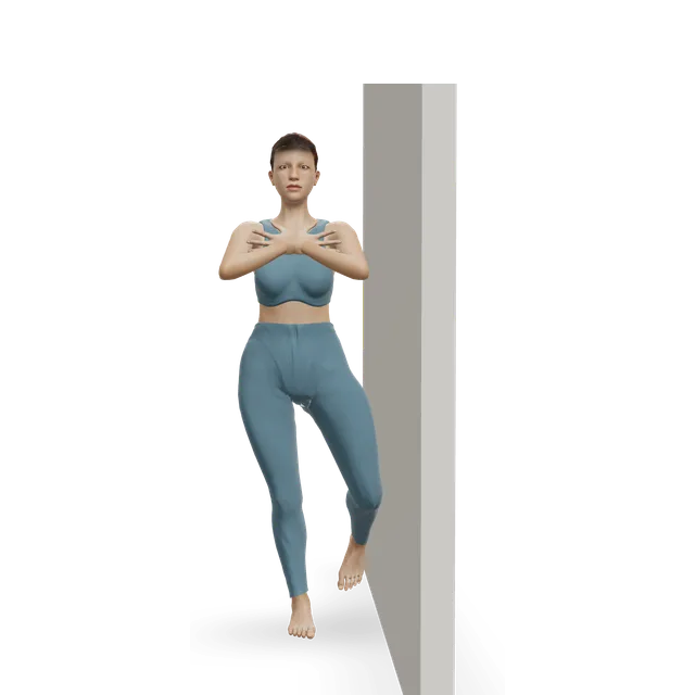 Standing wall-press hip abduction demonstrated on the 3D figure