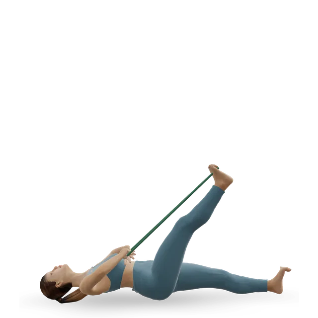 Supine hamstring stretch with a strap demonstrated on the 3D figure