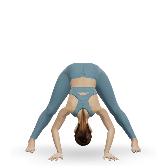 Wide-legged standing forward fold (Prasarita Padottanasana) demonstrated on the 3D figure